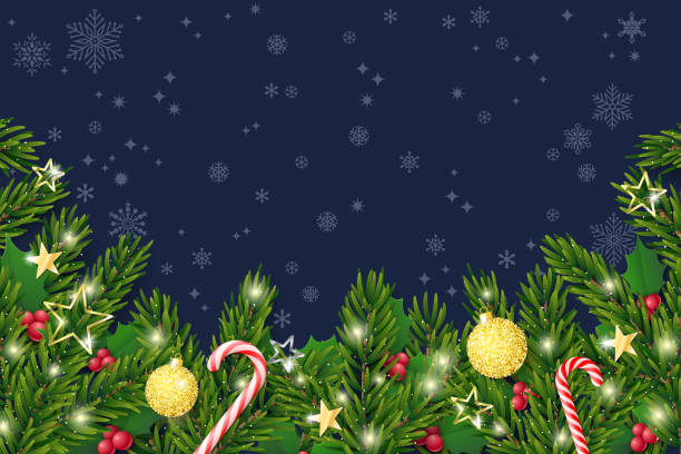 ilustrações de stock, clip art, desenhos animados e ícones de christmas and new year template. fir tree with christmas realistic ornaments - christmas holiday vacations candy cane