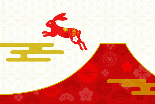 New Year's card template of the rabbit with traditional patterns and Mt. Fuji, traditional pattern, icon