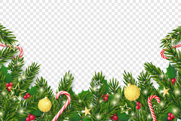 szablon świąteczno-noworoczny. jodła z realistycznymi ozdobami świątecznymi - christmas holiday vacations candy cane stock illustrations