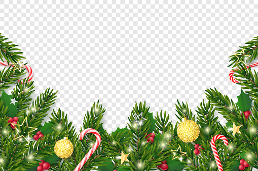 Christmas and New Year template. Fir tree with christmas realistic ornaments