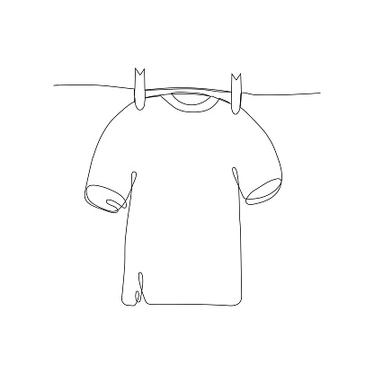Continuous line drawing cloth, the T-shirt is drying on a rope, one line drawing. Vector illustration