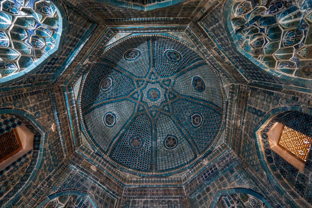 istock Intricate blue tile vault ceiling dome of mausoleum at Shah-i-Zinda complex, Samarkand 1430406983