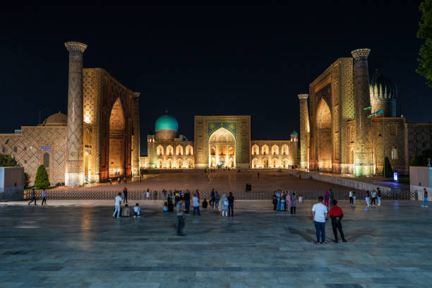 istock Samarkand Registan Mosque and Madrassa illuminated at night. 1430407790