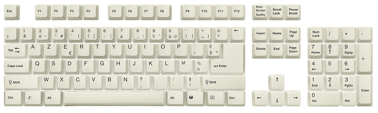 French AZERTY keyboard is used in France and Belgium. The top view of keys, from a classic white desktop keyboard, is isolated on white. Complete alphabet and numbers. High-resolution image. Clipping path included.