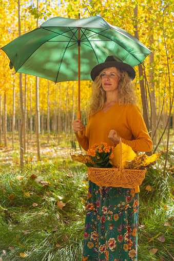woman walks with umbrella and basket in an autumn forest