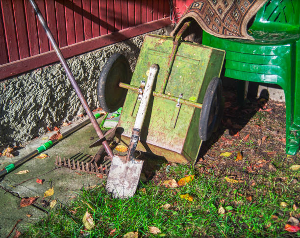 wheelbarrow and hand-tools stock photo