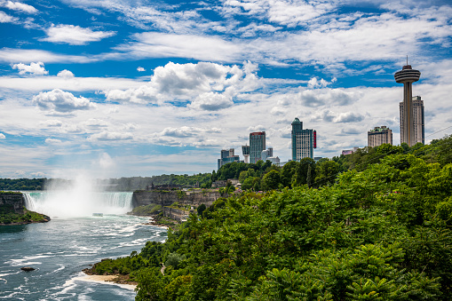 Niagara Falls, Canada - August 14, 2022: Huge hotels and a tower near to the Niagara Falls in Canada.