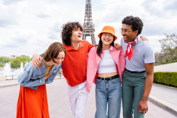 istock Group of young happy friends visiting Paris and Eiffel Tower 1430416151