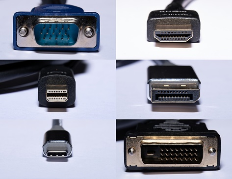 Close up photo of 6 of the most common display ports used in computers, servers, monitors, TVs, and gaming consoles. These include HDMI, DisplayPort, Mini-DisplayPort, DVI, VGA & USB-C display ports.