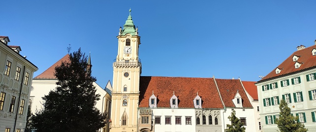 Sibiu, Transylvania, Romania - August 07, 2021: The clock tower of Sibiu in Romania