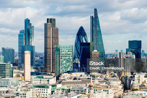 London Financial District Cityscape England Uk Stock Photo - Download Image Now - City, London - England, Sir Norman Foster Building