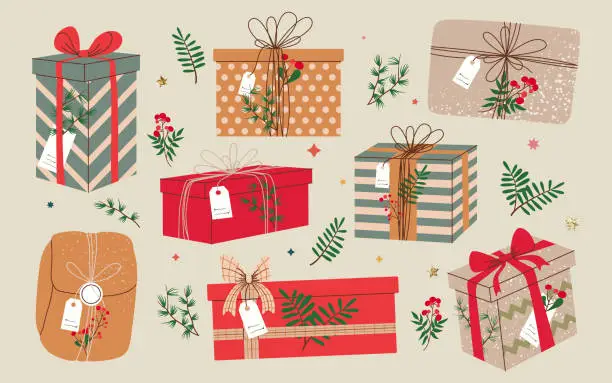 Vector illustration of Christmas gifts in kraft paper with tag and berries.