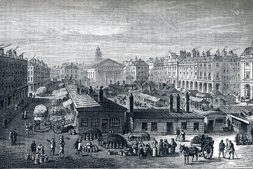 Depicting Covent Garden Market in 19th Century. Flower and vegetable market now famous tourist destination.