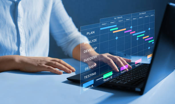istock Business Project Management System. Project manager working on laptop and updating tasks and milestones progress planning with Gantt chart scheduling interface for company on virtual screen. 1430431105