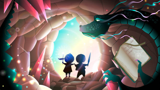 illustrazioni stock, clip art, cartoni animati e icone di tendenza di drago fiabesco e avventura per bambini nella grotta magica - drago personaggio fantastico