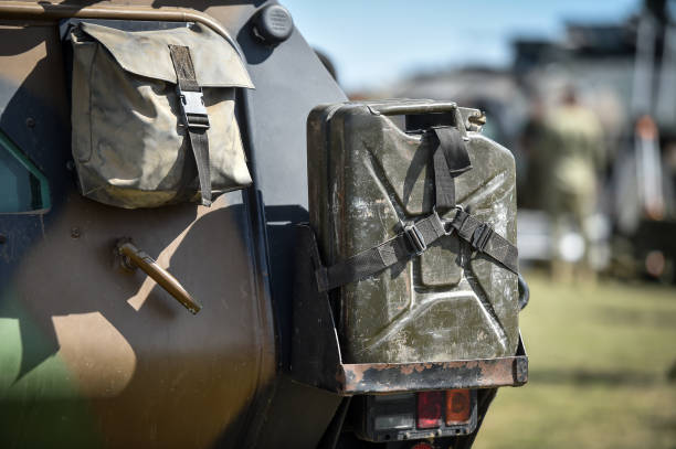 Fuel metal canister attached on the back of a military vehicle stock photo