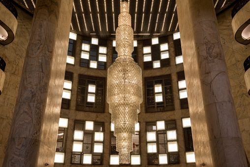 Sao Paulo, Brazil - July 27, 2022: The chandelier, one of the largest in Brazil, in the entrance hall of the Altino Arantes Building currently housing Banco Santander.