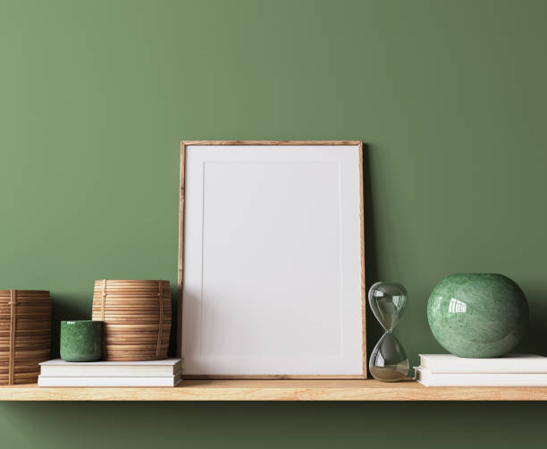 istock Simple minimal frame mockup on wooden shelf, minimal room decoration, 1430436196