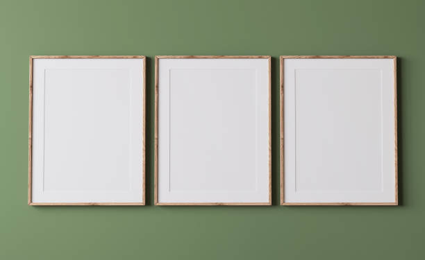 istock Frame mockup on modern, green background, three wooden frames in minimal room, 1430436211