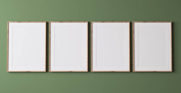istock Four wooden frame mockup, poster template on green background, home design 1430436233