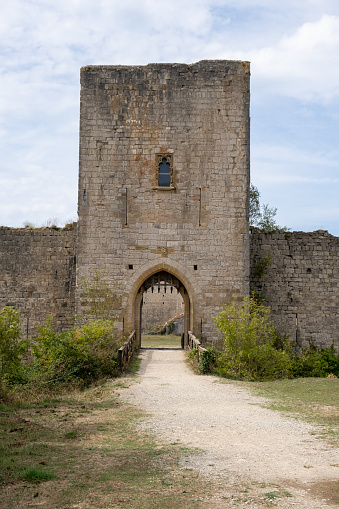 Medieval Puivert castle, Aude, Occitanie, South France. Detail of entrance