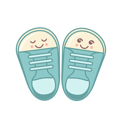 Cute baby gumshoes icon with kawaii face isolated on white background. Vector illustration. Design element for kids, baby shower and nursery decor.