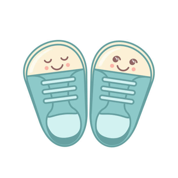 Cute baby gumshoes icon with kawaii face isolated on white background. Cute baby gumshoes icon with kawaii face isolated on white background. Vector illustration. Design element for kids, baby shower and nursery decor. baby booties stock illustrations