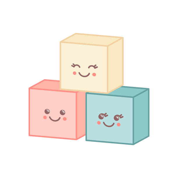 illustrations, cliparts, dessins animés et icônes de de jolis cubes de tour avec des visages kawaii isolés sur fond blanc. - bébé cubes