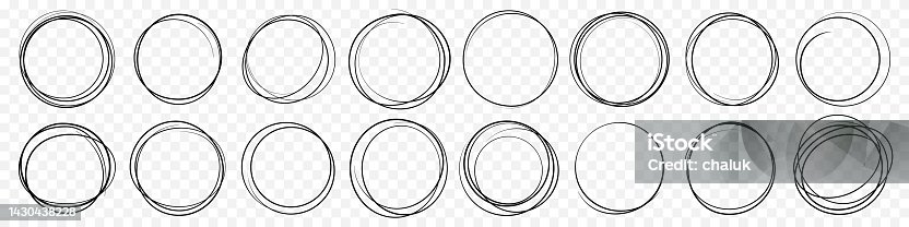 istock Hand drawn circle line sketch set. Vector circular scribble doodle round circles for message note mark design element. Pencil or pen graffiti  bubble or ball draft illustration 1430438228