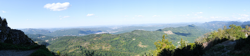 Beautiful panoramic landscape of the Pyrenees mountain valley  from the ruins of cathar fortress Montsegur in France