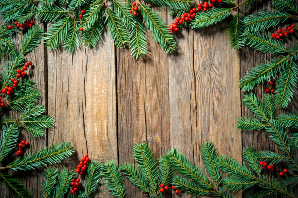 istock Fir tree and red holly berries border frame on rustic wood copy space Christmas background 1430439813