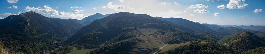 Beautiful panoramic landscape of the Pyrenees mountain valley  from the ruins of cathar fortress Montsegur in France