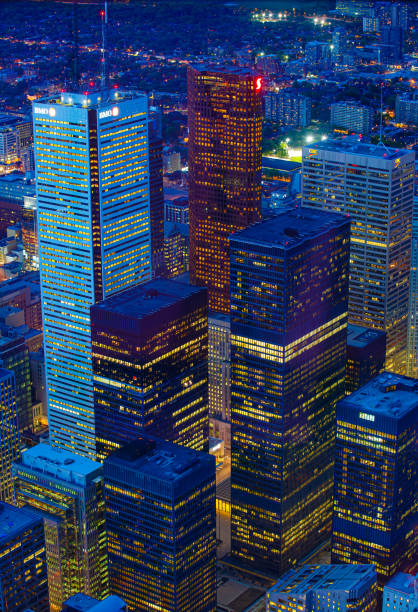 Toronto financial district cityscape at dusk, Ontario, Canada. View from CN tower.