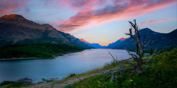 Sunset in the town of Waterton, Alberta, Canada.