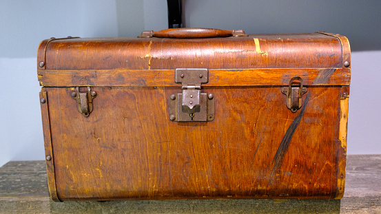 A very old wooden travel case. Well preserved in retro style.