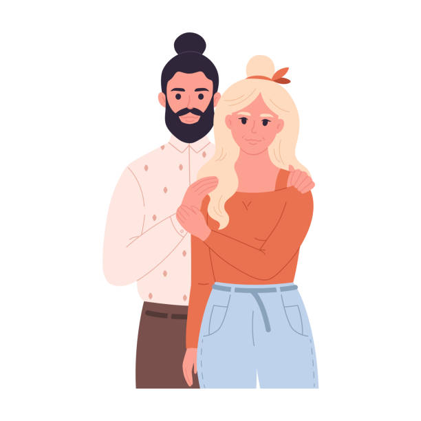 ilustraciones, imágenes clip art, dibujos animados e iconos de stock de pareja de amor abrazándose y sonriendo. pareja de novios juntos. feliz retrato familiar. ilustración vectorial dibujada a mano - love romance cartoon heterosexual couple