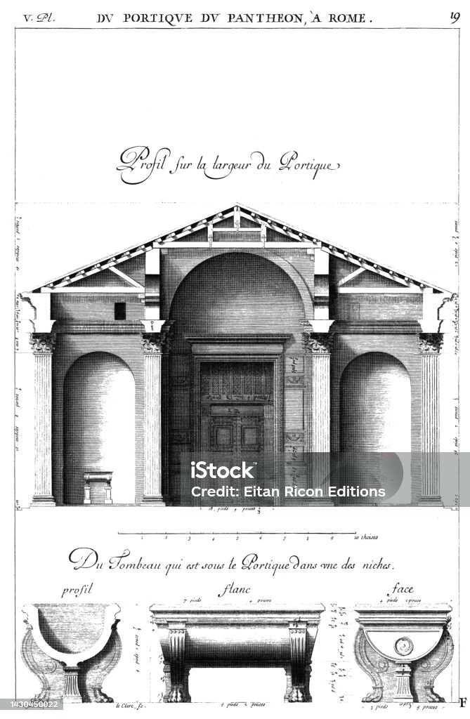 From the Portico of the Pantheon in Rome, profile of the width of the Portico and tomb under the Portico, By The ancient buildings of Rome 1682. Drawn and measured very precisely by Antoine Desgodetz Architect in 1676 17th Century Stock Photo