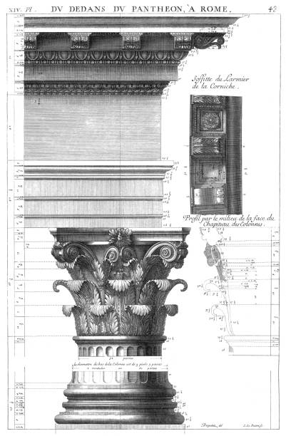 desde el interior del panteón en roma, plafón de la piedra de goteo de la cornisa y perfil por el centro de la cara del capitel de las columnas, por los antiguos edificios de roma 1682. - dripstone fotografías e imágenes de stock