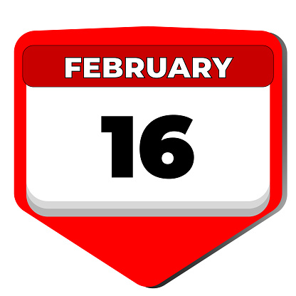 16 February vector icon calendar day. 16 date of February. Sixteenth day of February. 16th date number. 16 day calendar. Sixteen date. Vector illustration