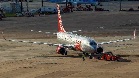 Manchester Airport, United Kingdom - 30 August, 2022: Jet2 Boeing 737 (G-JZBN) being pushed back for take off.
