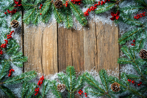 fundo de natal com árvore de abeto e holly vermelha borda quadro em madeira rústica e neve - prancha de neve - fotografias e filmes do acervo