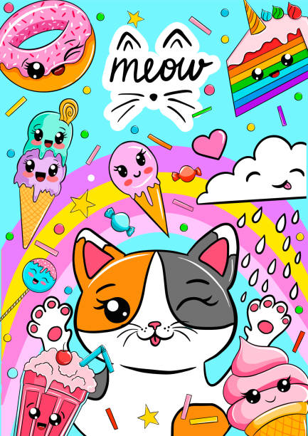 istock cute colorful postcard template with cat and kawaii sweets. card or birthday invitation 1430452498