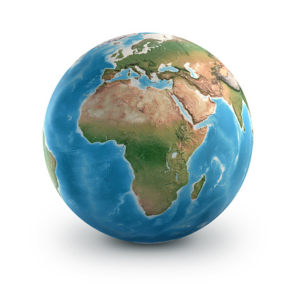 Physical earth globe, highly detailed, focused on Africa, Middle East and Europe. Planet Earth, isolated on white - 3D illustration (Blender software), elements of this image furnished by NASA (https://eoimages.gsfc.nasa.gov/images/imagerecords/147000/147190/eo_base_2020_clean_3600x1800.png)