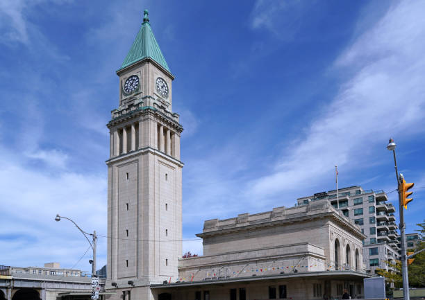 Toronto, Ontario, Canada - October 4, 2022:  A former passenger railway station with a clocktower built in 1916 has been repurposed as an LCBO liquor store.