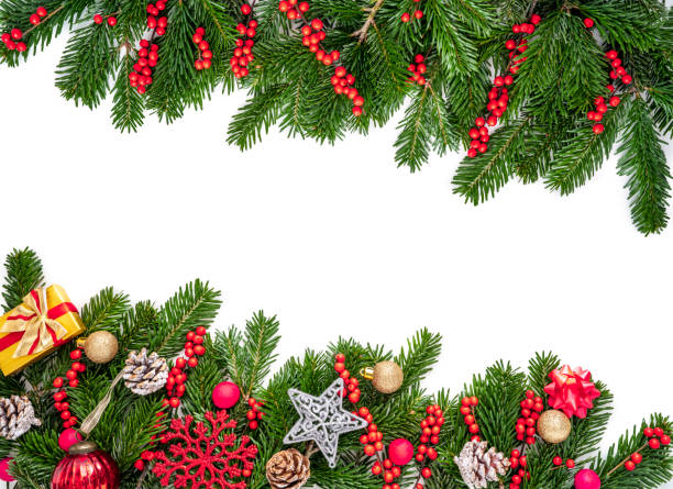 istock Christmas fir tree, cones and holly berries snowflake, gift box, baubles copy space isolated on white 1430462310