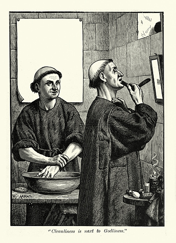 Vintage illustration Two monks shaving, Cleanliness is nest to Godliness, 1890s, 19th Century