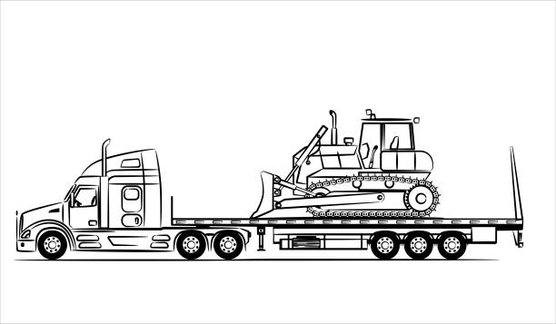 illustrations, cliparts, dessins animés et icônes de silhouette abstraite de camion remorque à plateau américain sur fond blanc. une main dessinée d’une voiture de camion. remorque avec essieu extensible gréée. camion remorque à lit surbaissé avec bulldozer - vehicle trailer trucking white outline