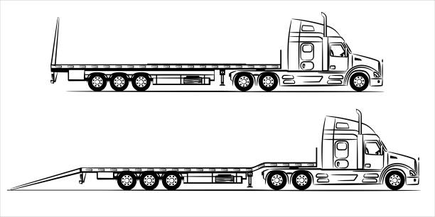 ilustrações, clipart, desenhos animados e ícones de american flatbed trailer caminhão silhueta abstrata em fundo branco.  uma mão desenhada de um carro de caminhão. reboque com eixo estendido reboque manipulado. caminhão de reboque de cama baixa vazio - truck semi truck silhouette vector