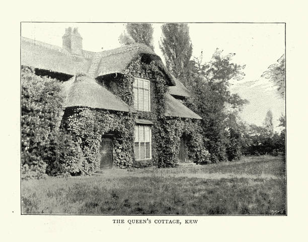 ilustraciones, imágenes clip art, dibujos animados e iconos de stock de queen charlotte's cottage, kew, 1890s, siglo 19 - surrey southeast england england cottage