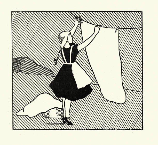 Vintage illustration Girl hanging washing, laundry, sheets, on a line, Victorian, 1890s, 19th Century